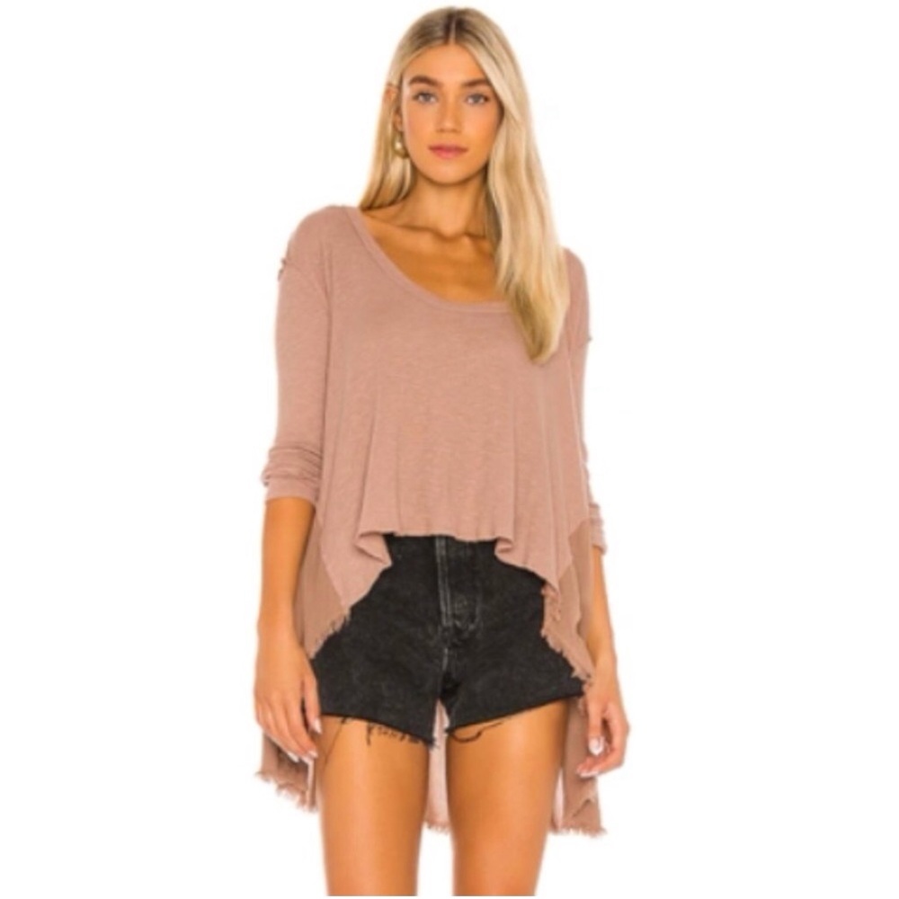 Free People TT Special Waffle Knit High/Low Top Choco Latte Long Sleeve Size M